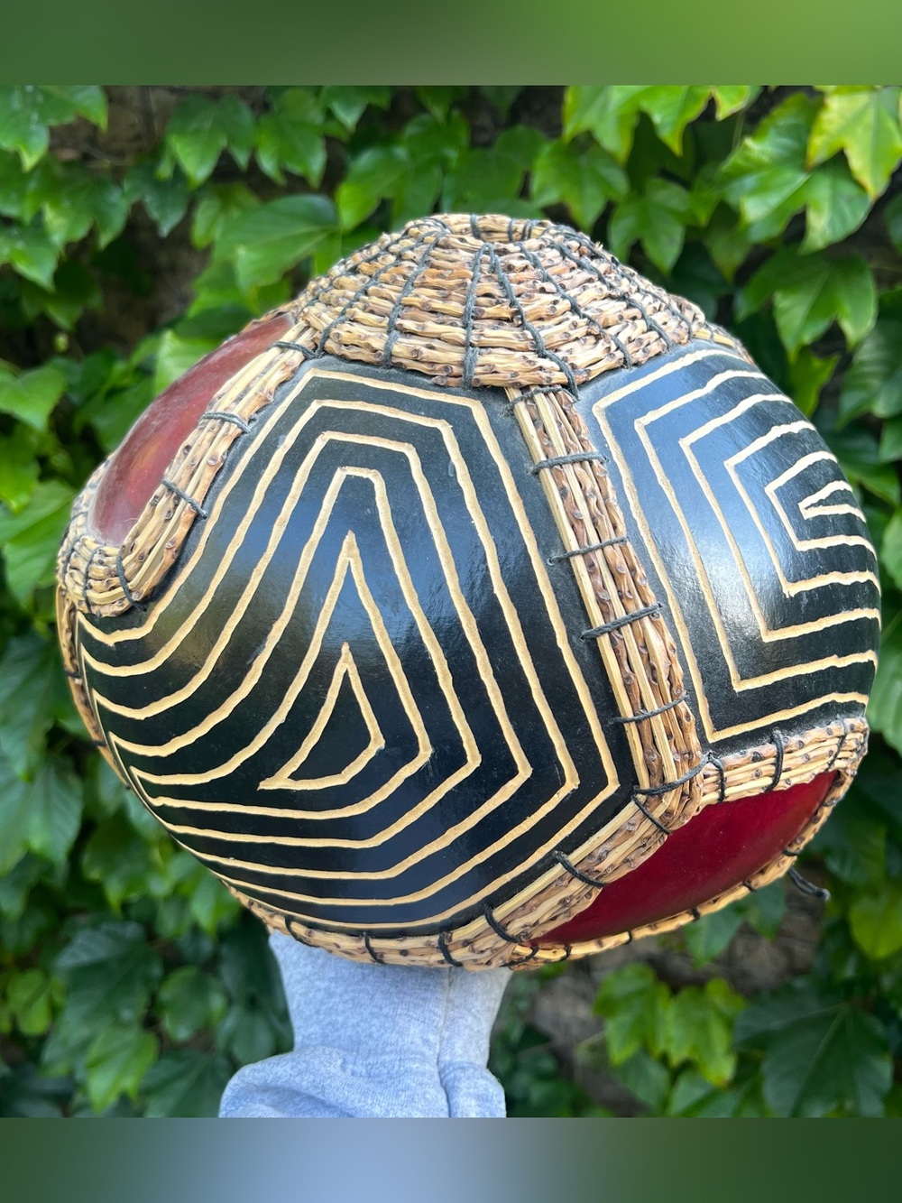 Don Weeke Decorative Hand Carved Hand Painted Gourd & Fiber Art Signed 10" Tall